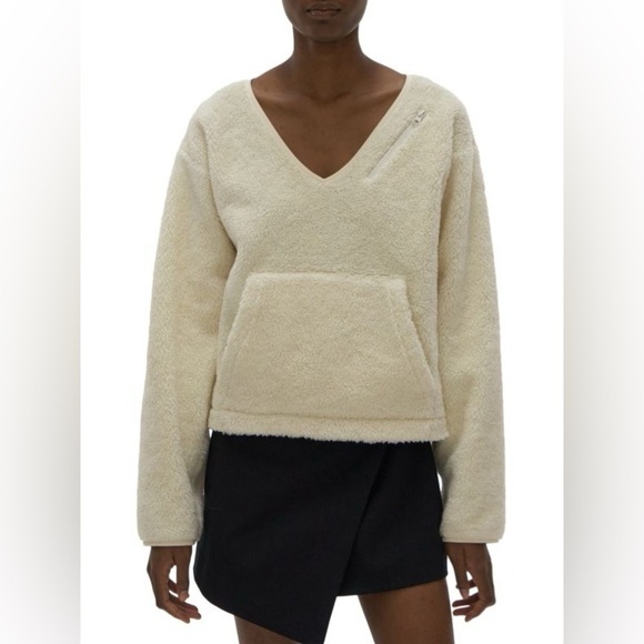 NWT Helmut Lang Shaggy Fleece V Neck Sweater Cream Oversized Faux Fur Sz L - Picture 1 of 16